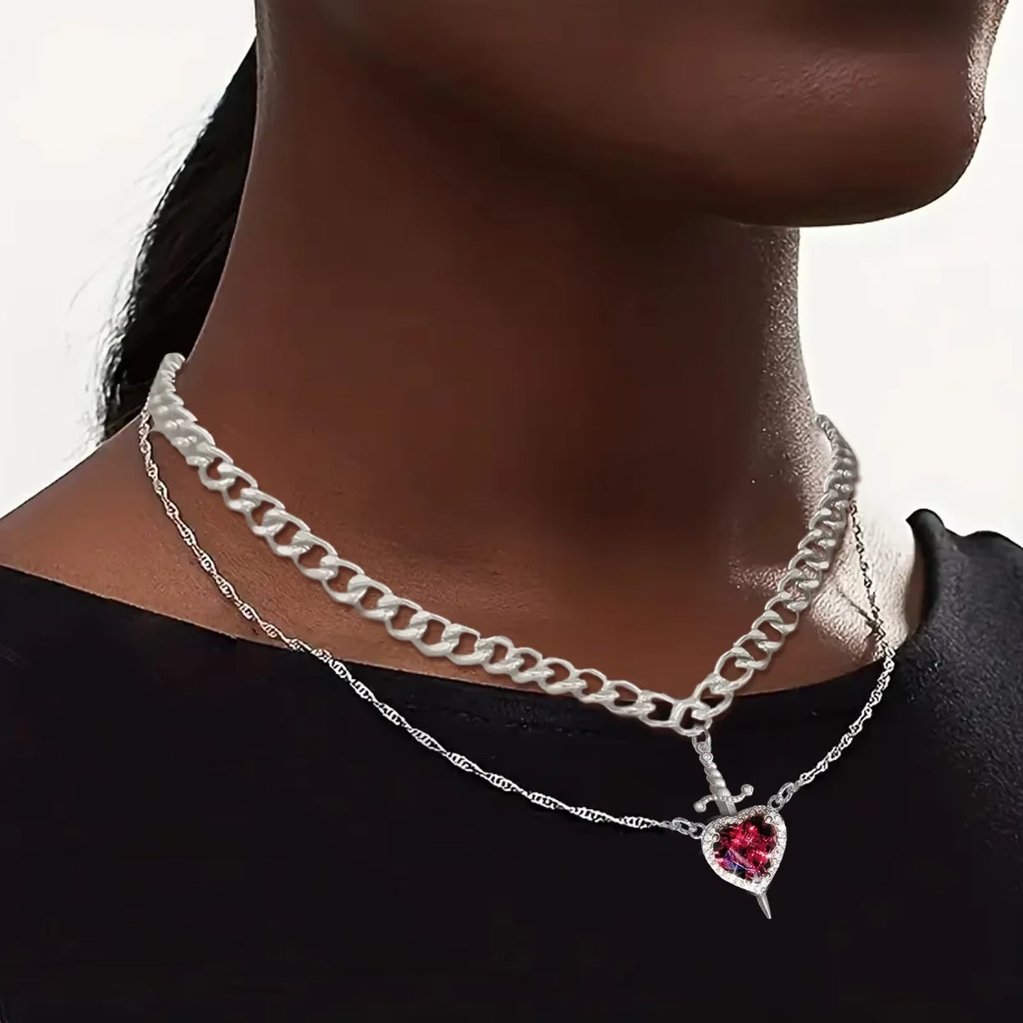 2Pcs Can Be Assembled Heart and Sword Zircon Pendant Necklace for Women Men Couple Silver Gold Plated Choker Chain Jewelry