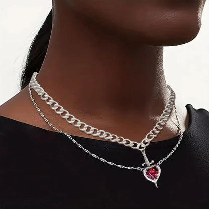 2Pcs Can Be Assembled Heart and Sword Zircon Pendant Necklace for Women Men Couple Silver Gold Plated Choker Chain Jewelry