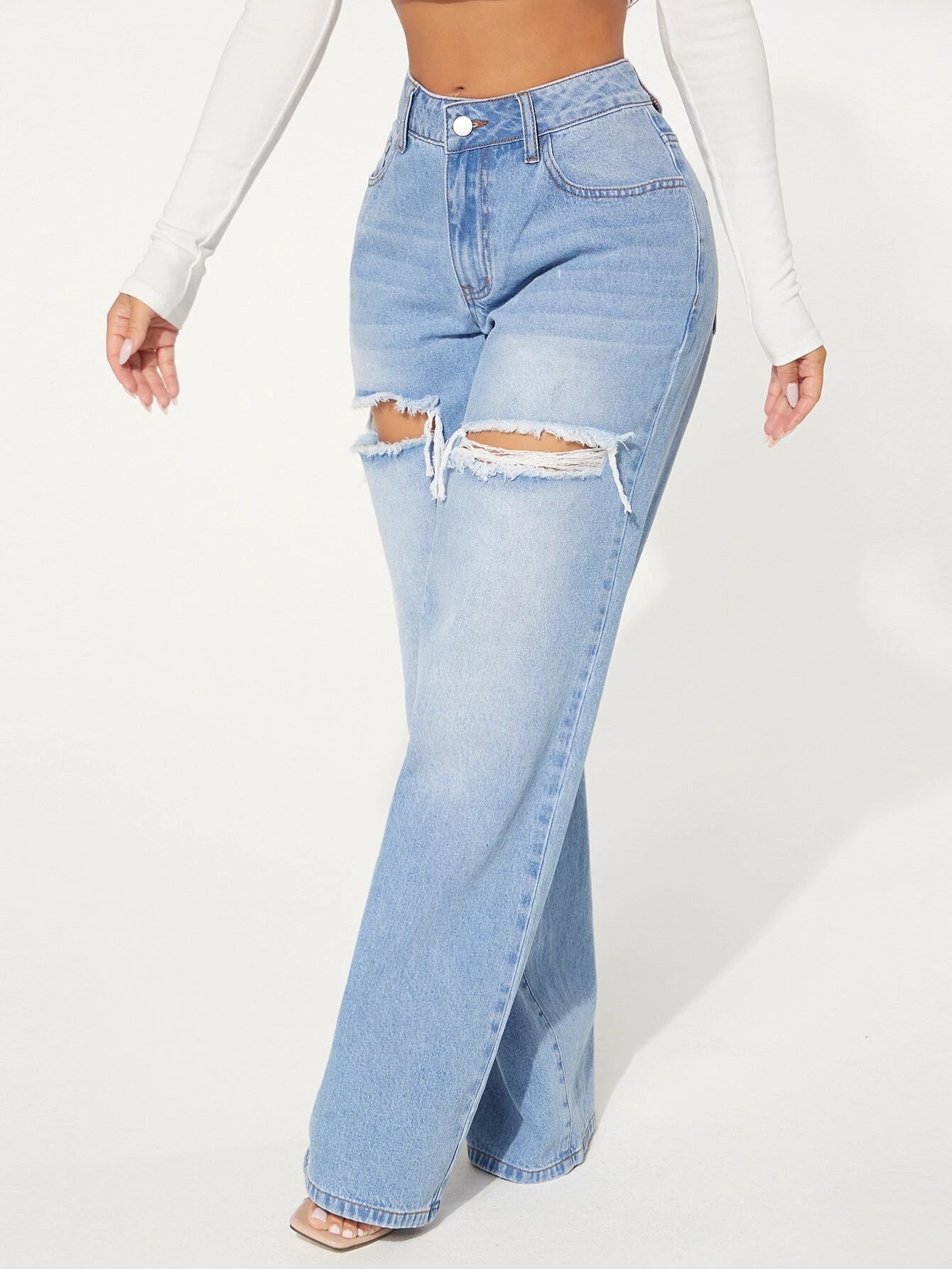 Single Button Cut Out Ripped Frayed Wide Leg Jeans by SHEIN