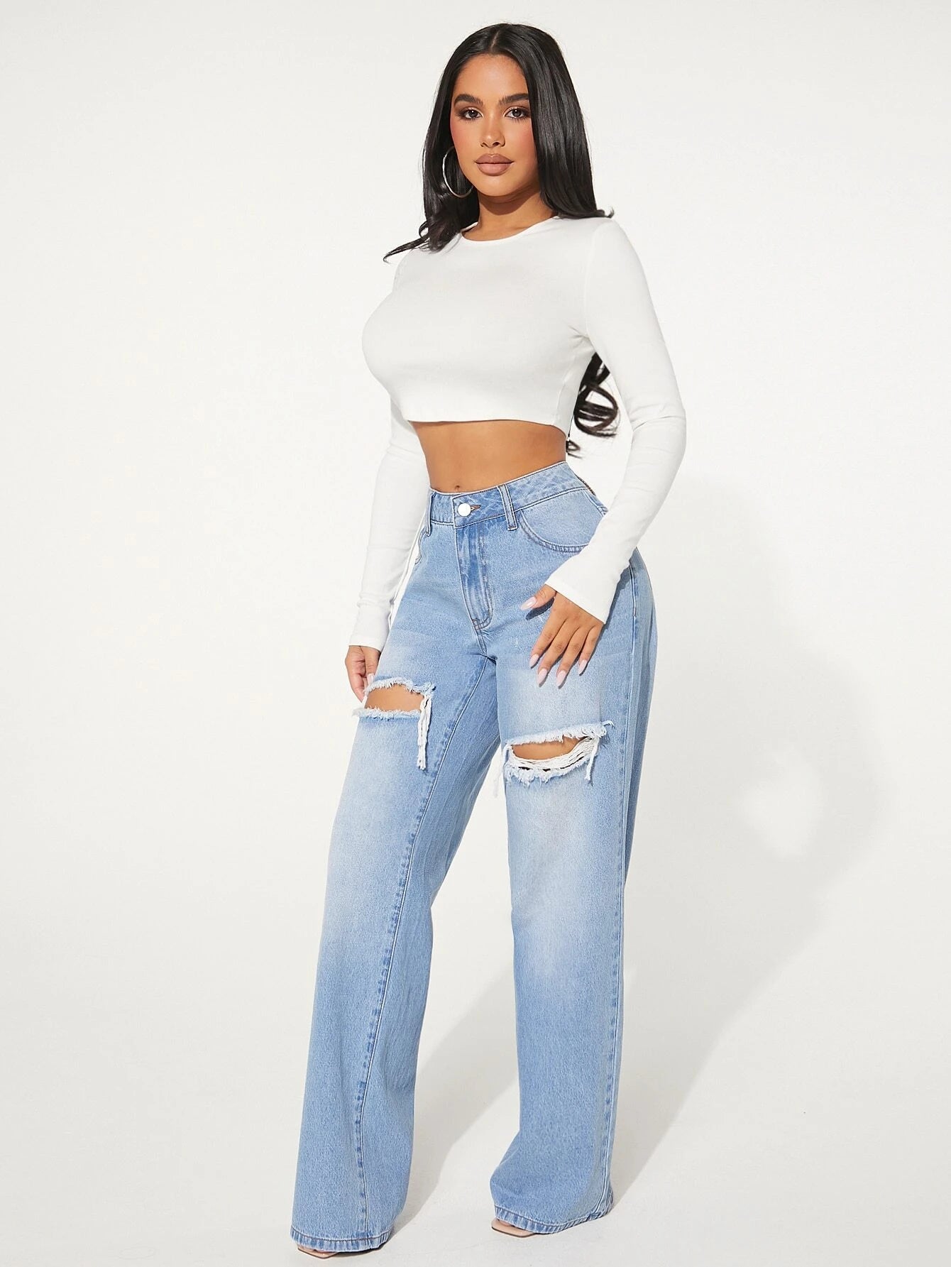 Single Button Cut Out Ripped Frayed Wide Leg Jeans by SHEIN