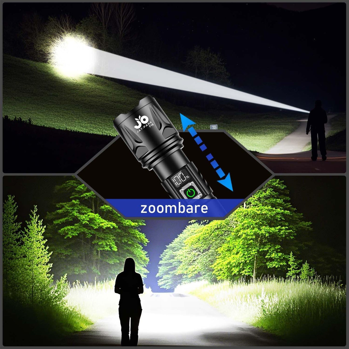 JAY-PARK Taschenlampe 500000 Lumen Aufladbare 5000 Mah Mit Lcd-Display Und 5 Beleuchtungsmodi, LED Taschenlampe Extrem Hell Zoom Langer Lichtstrahl (3000M) Für Outdoor, Camping