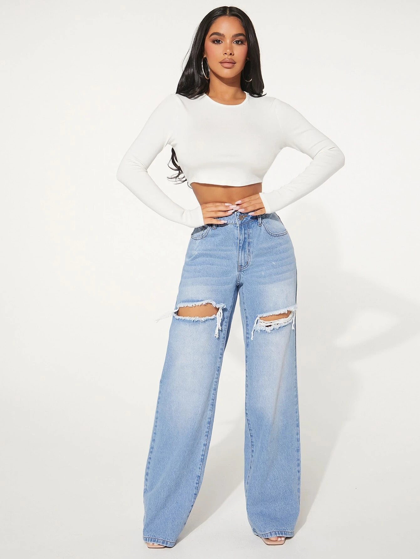 Single Button Cut Out Ripped Frayed Wide Leg Jeans by SHEIN