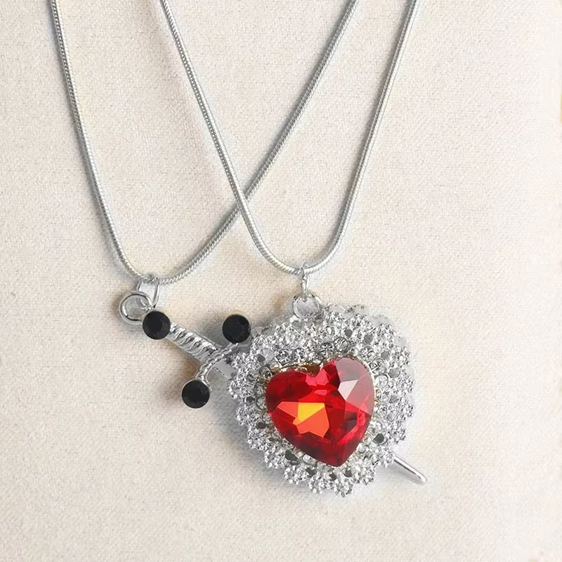 2Pcs Can Be Assembled Heart and Sword Zircon Pendant Necklace for Women Men Couple Silver Gold Plated Choker Chain Jewelry