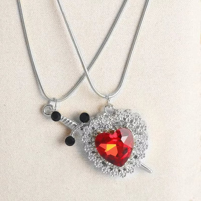 2Pcs Can Be Assembled Heart and Sword Zircon Pendant Necklace for Women Men Couple Silver Gold Plated Choker Chain Jewelry
