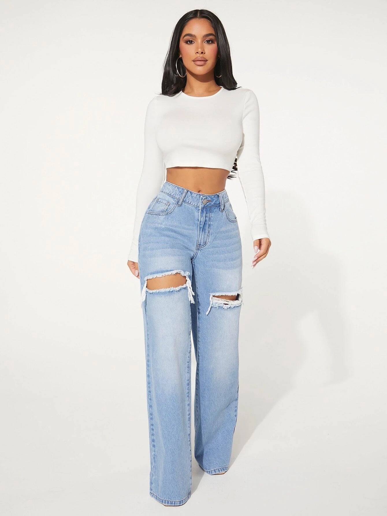 Single Button Cut Out Ripped Frayed Wide Leg Jeans by SHEIN