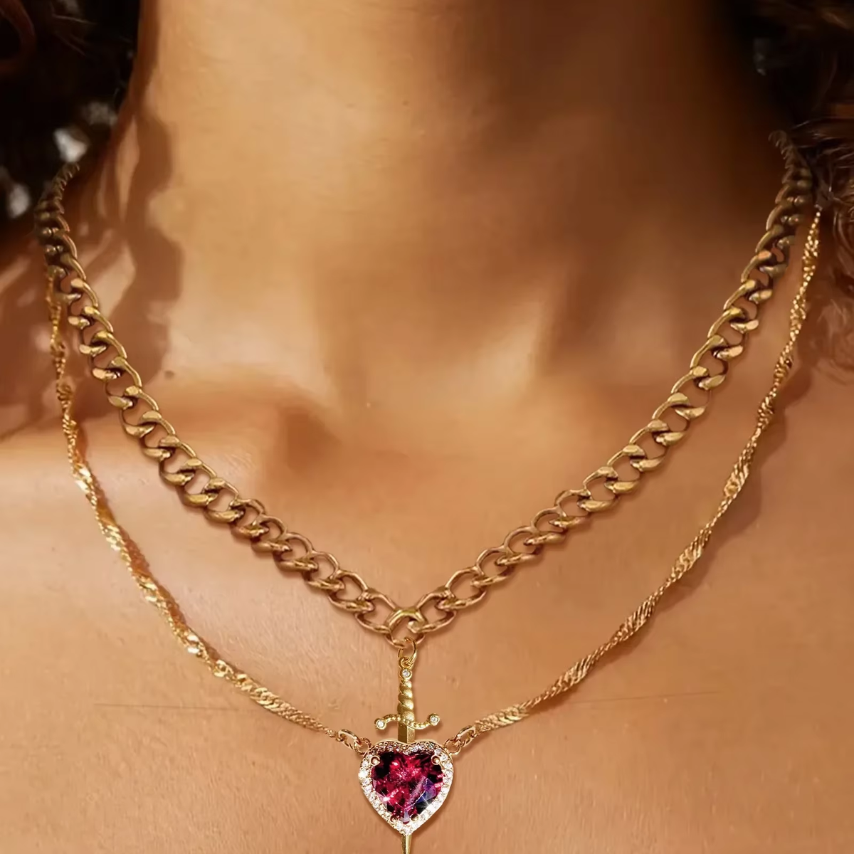 2Pcs Can Be Assembled Heart and Sword Zircon Pendant Necklace for Women Men Couple Silver Gold Plated Choker Chain Jewelry