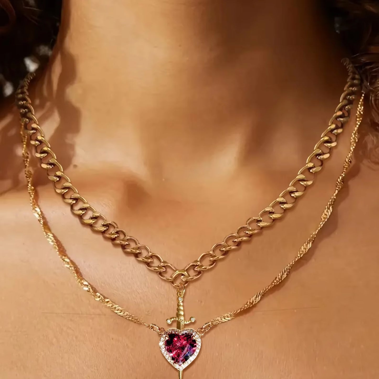 2Pcs Can Be Assembled Heart and Sword Zircon Pendant Necklace for Women Men Couple Silver Gold Plated Choker Chain Jewelry