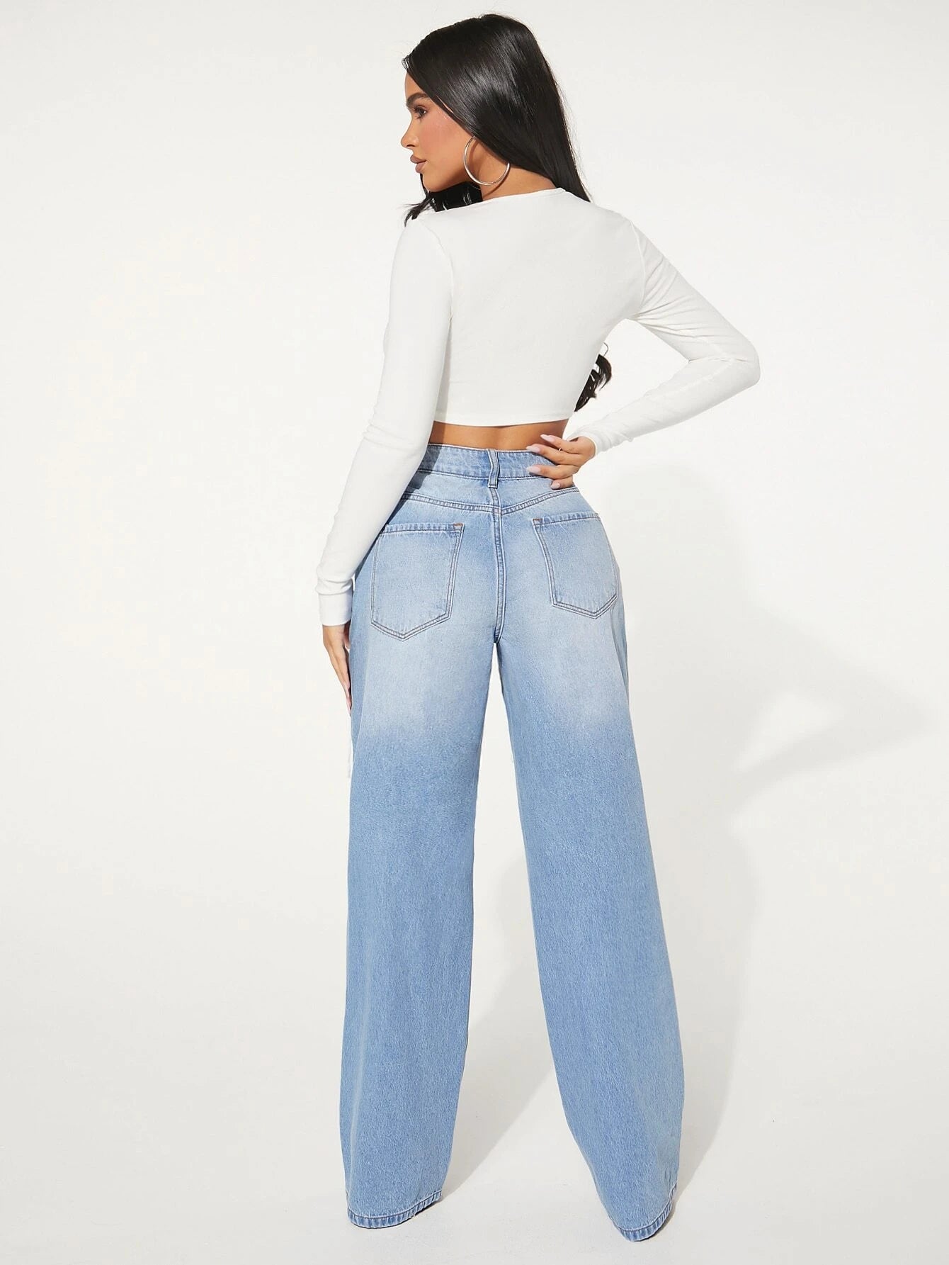 Single Button Cut Out Ripped Frayed Wide Leg Jeans by SHEIN