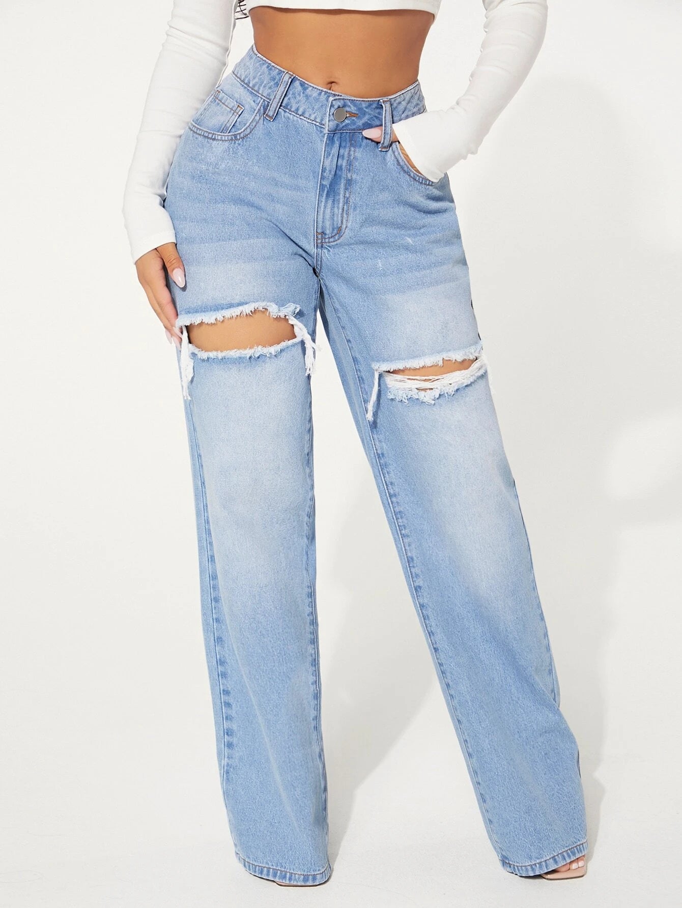 Single Button Cut Out Ripped Frayed Wide Leg Jeans by SHEIN